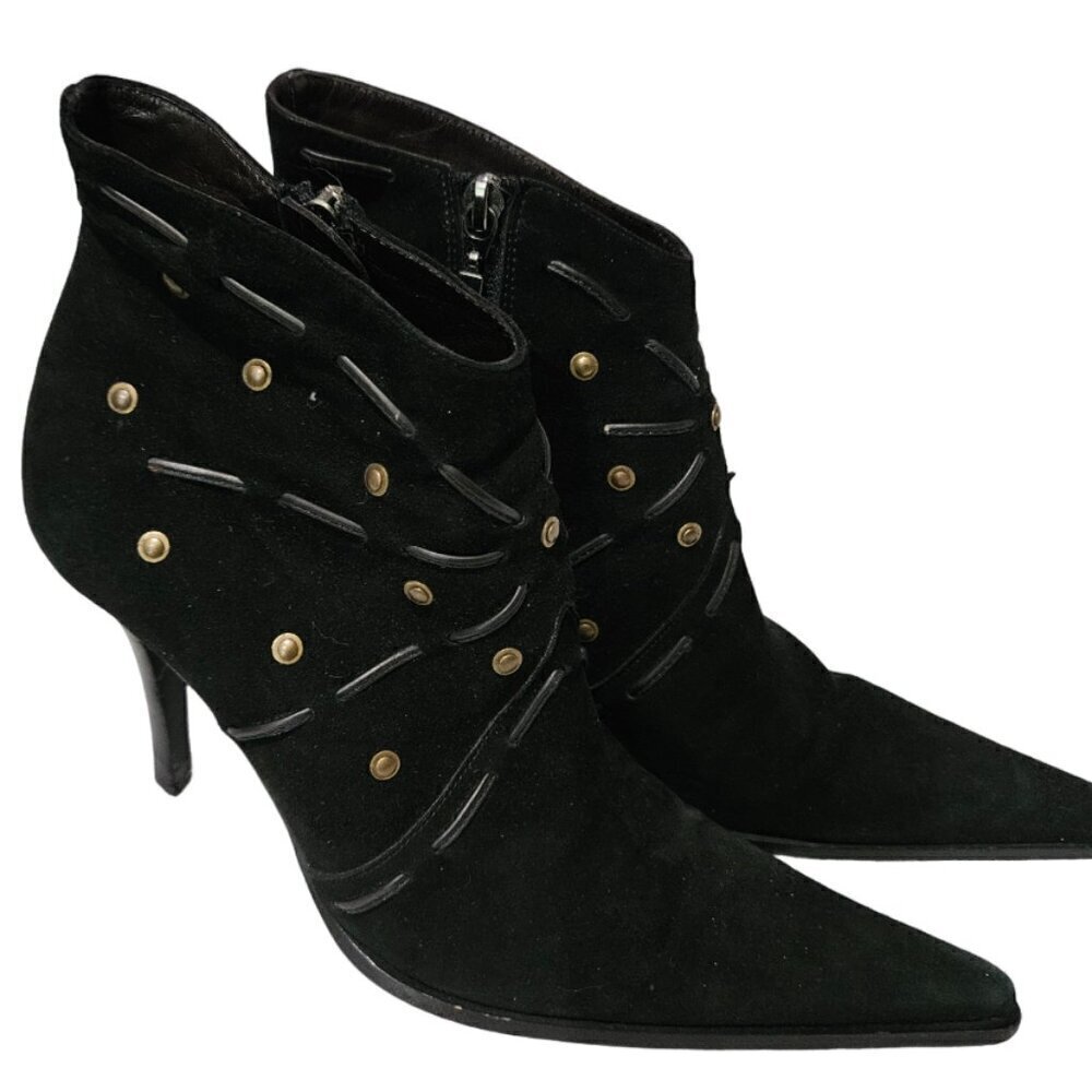Cesare Paciotti Heroes Black Suede Pointed Toe Studded Ankle Heels Side Zip 37.5